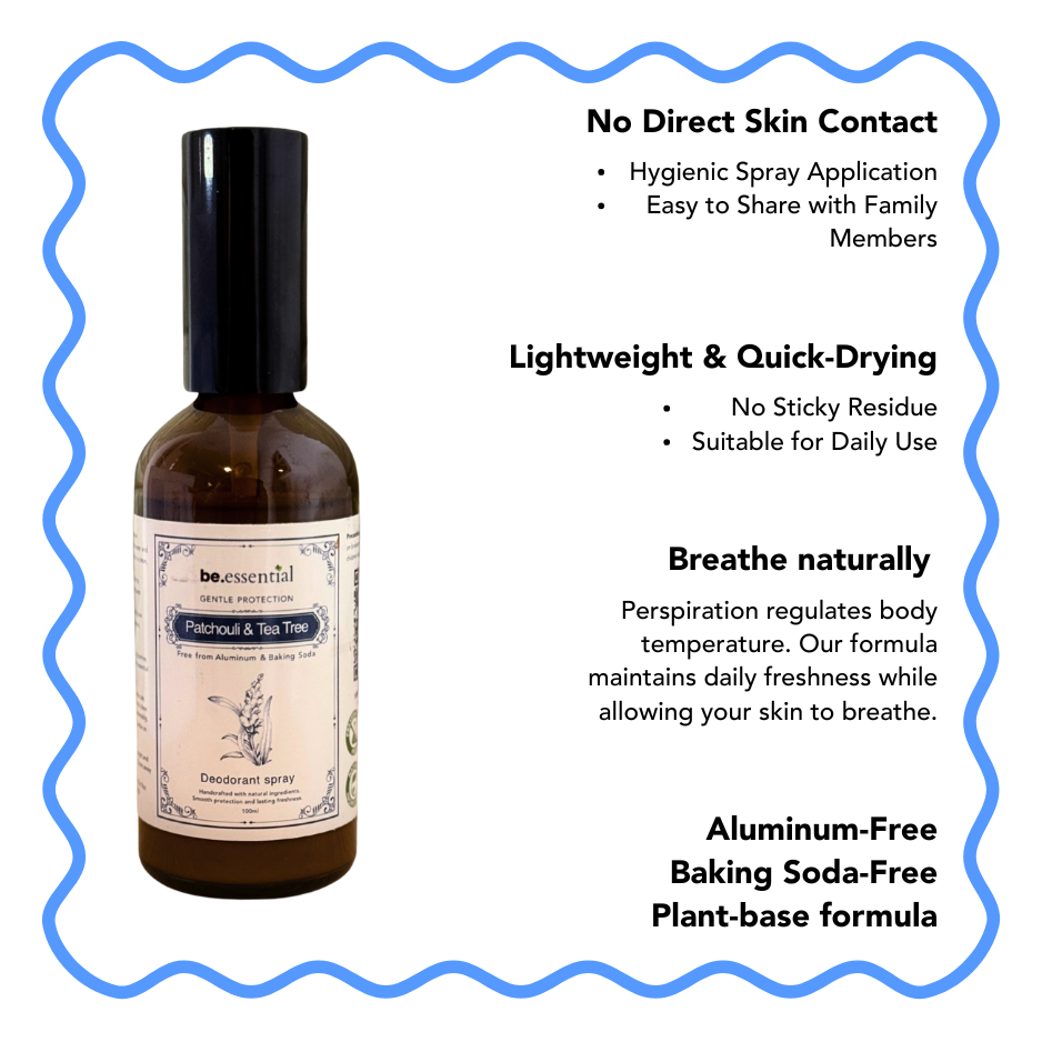 Be.essential สเปรย์ระงับกลิ่นกาย สูตรธรรมชาติ 100ml | Patchouli & Tea Tree | ปราศจากอะลูมิเนียม | ไม่มีเบกกิ้งโซดา | สูตรจากพืช